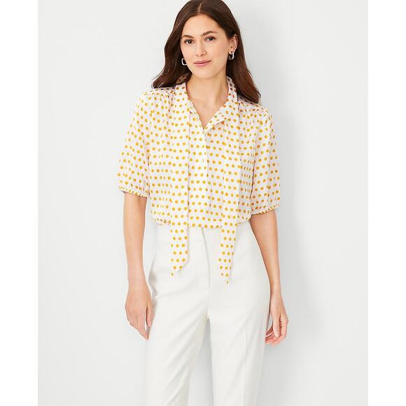 NWT Ann Taylor Dotted Half Placket Tie Neck Blouse Sz Medium - Picture 2 of 8